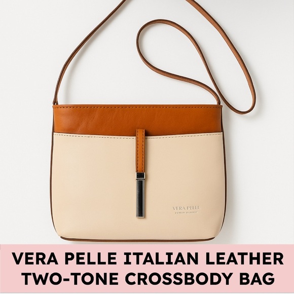 Vera Pelle Italian Leather Crossbody Cream Tan Two-Tone Minimalist Quiet Luxury - Picture 1 of 11